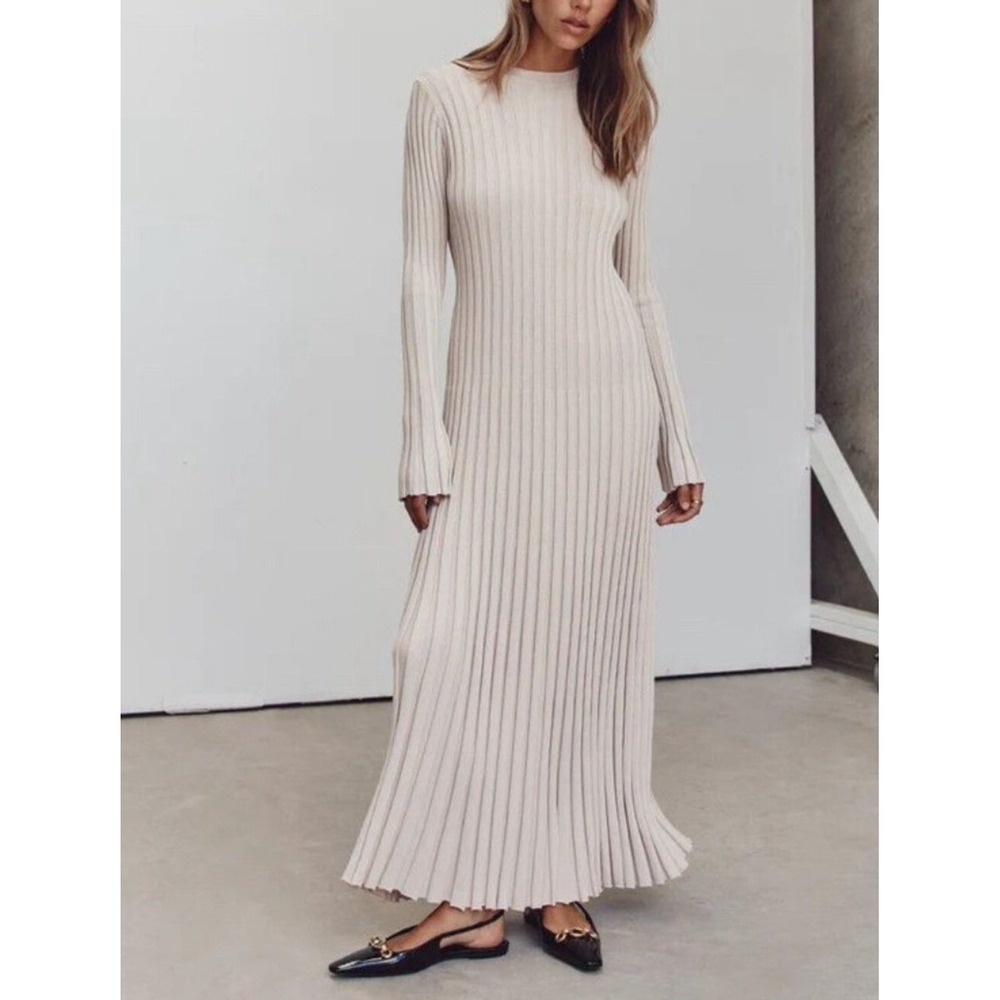 DISSH Cream Ribbed Long Sleeve Maxi Dress